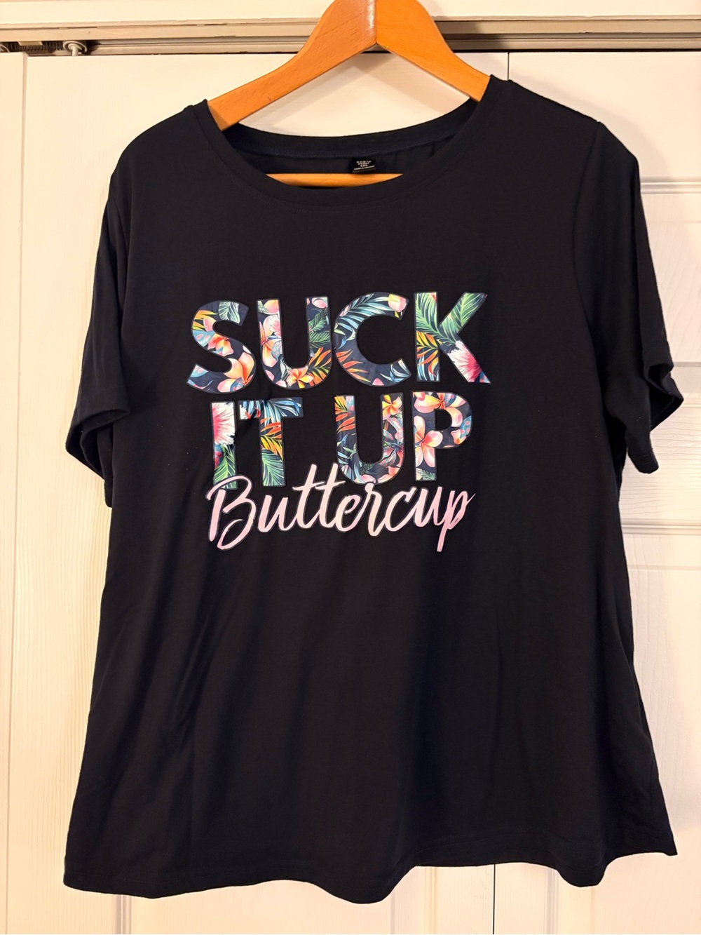 SHEIN Blue Short-Sleeve Graphic Tee with Floral Lettering and Pink Script